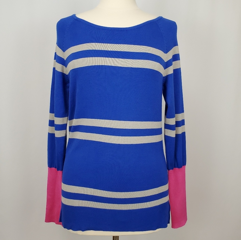 Say What Crew Neck Blue, Gray and Pink Sweater